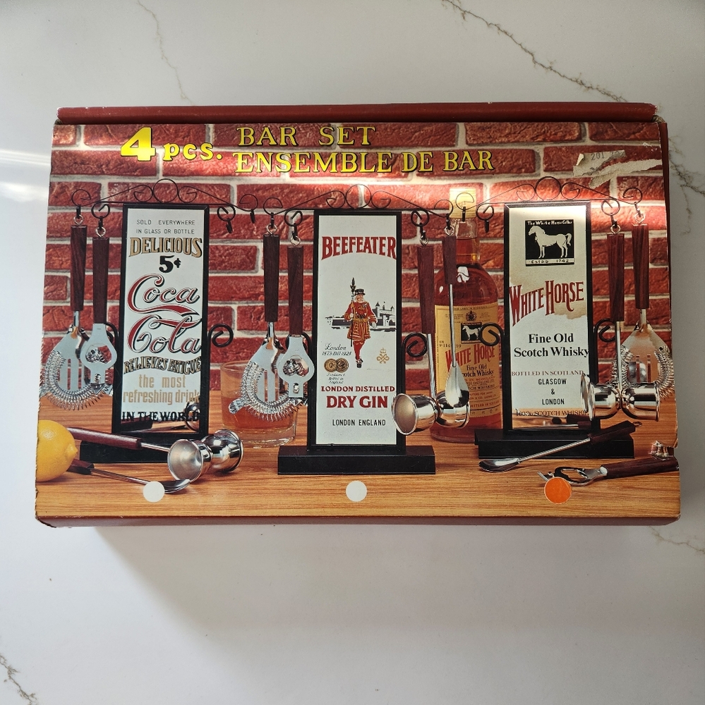4-Piece Vintage Bar Set with Silver Accents